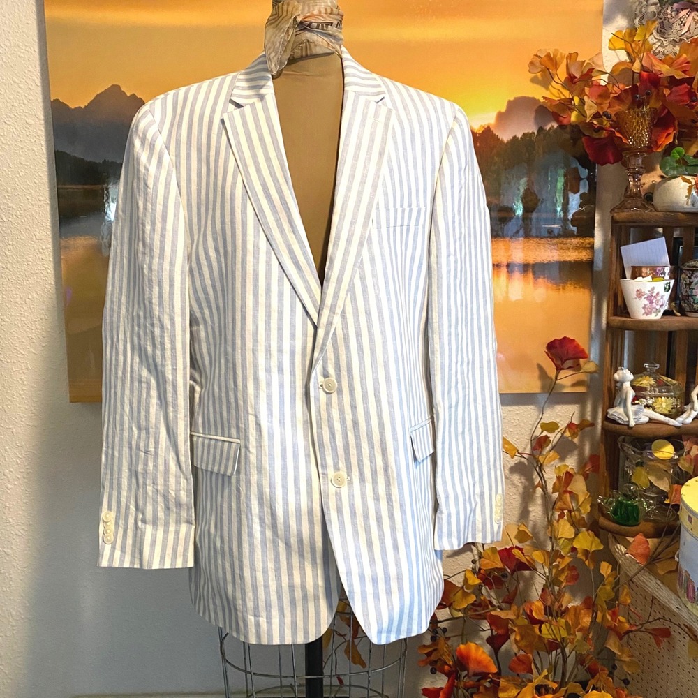 Tommy Hilfiger Blazer Coastal Prep Linen Sport Coat Mens 46L Blue White Stripe